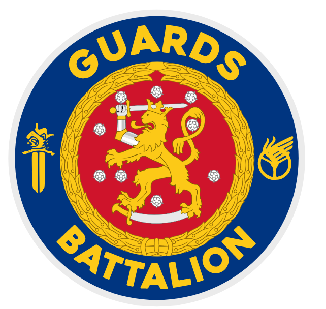 Emblem of the Guards Battalion featuring a lion with a sword and shield on a red circle, surrounded by a blue border.