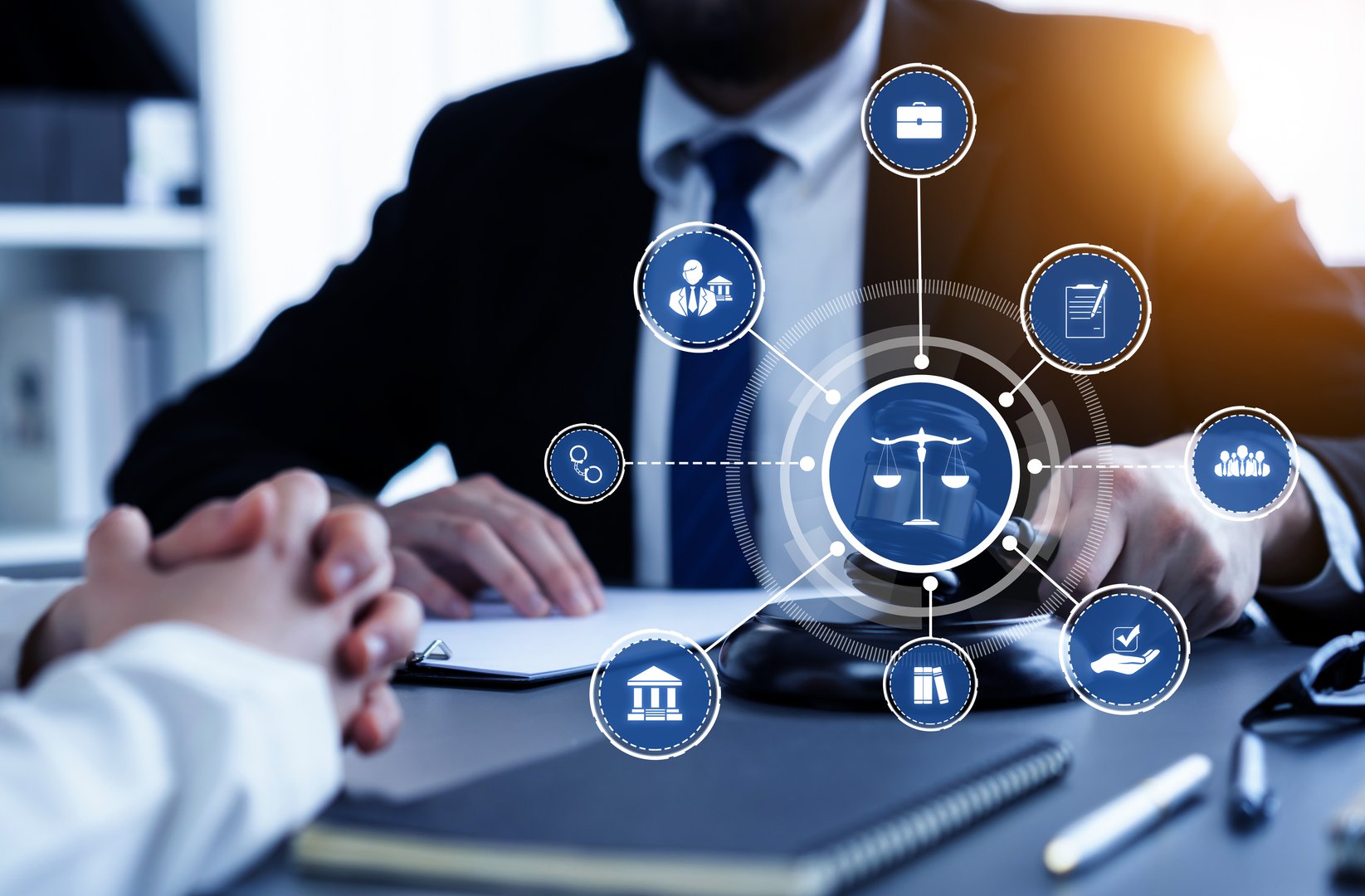 Smart law, legal advice icons and lawyer working tools in the lawyers office showing concept of digital law and online technology of astute law and regulations .
