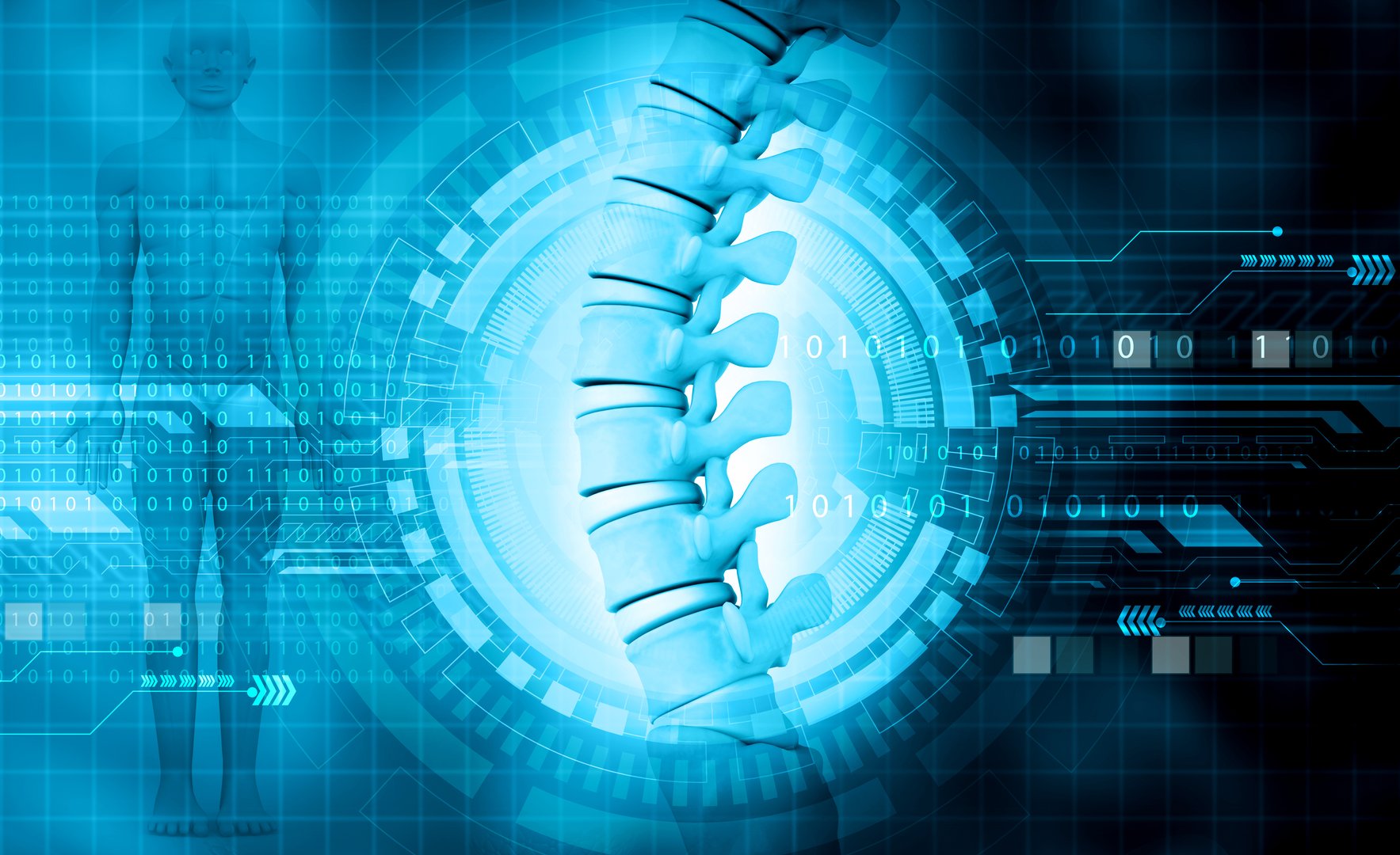 Human spinal cord on modern technology background. 3d illustraton