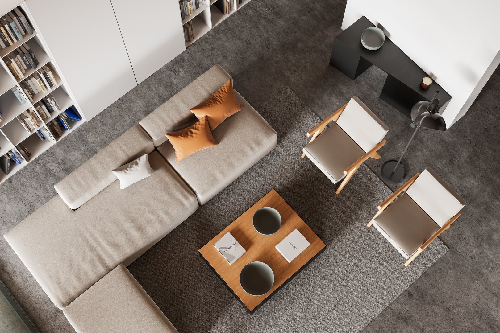 Modern living room with sectional sofa, chairs, and coffee table on grey carpet. Minimalist style on grey background. Concept of comfort. 3D Rendering