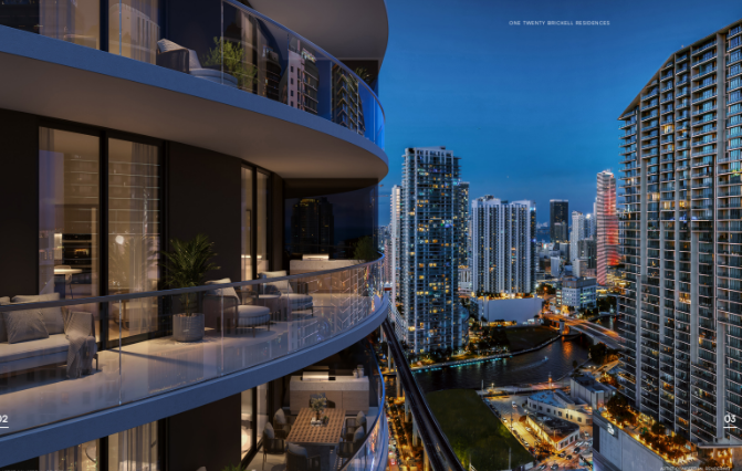 A luxury high-rise balcony view at night overlooking a vibrant city skyline with illuminated skyscrapers.
