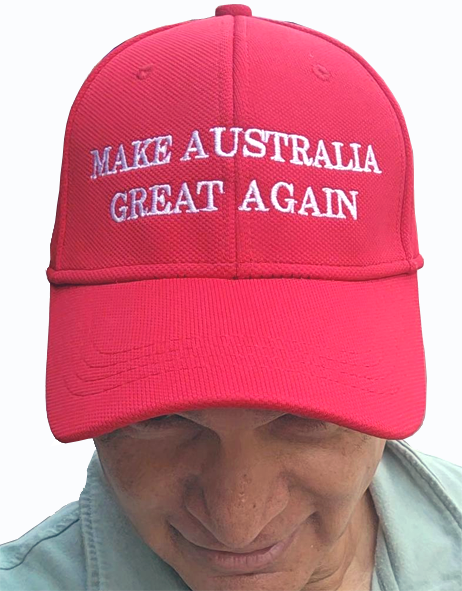 Red cap with white embroidered text "MAKE AUSTRALIA GREAT AGAIN" worn by a person looking downward.