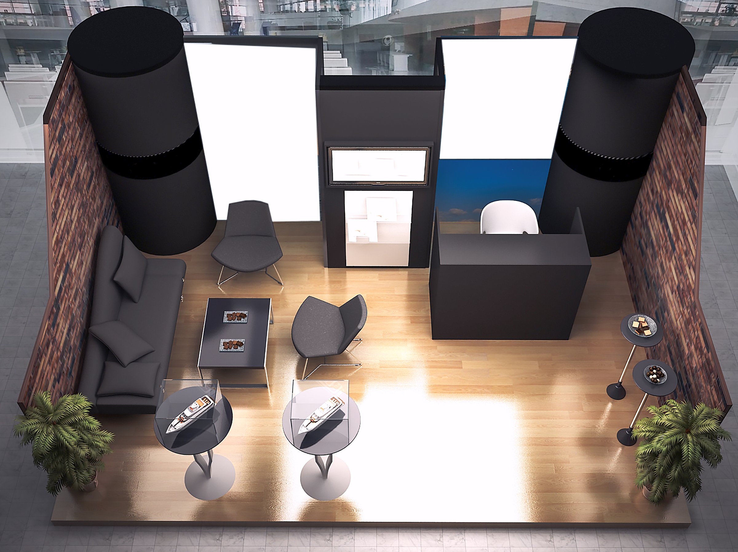 Exhibition fair stand render designed with 3d software