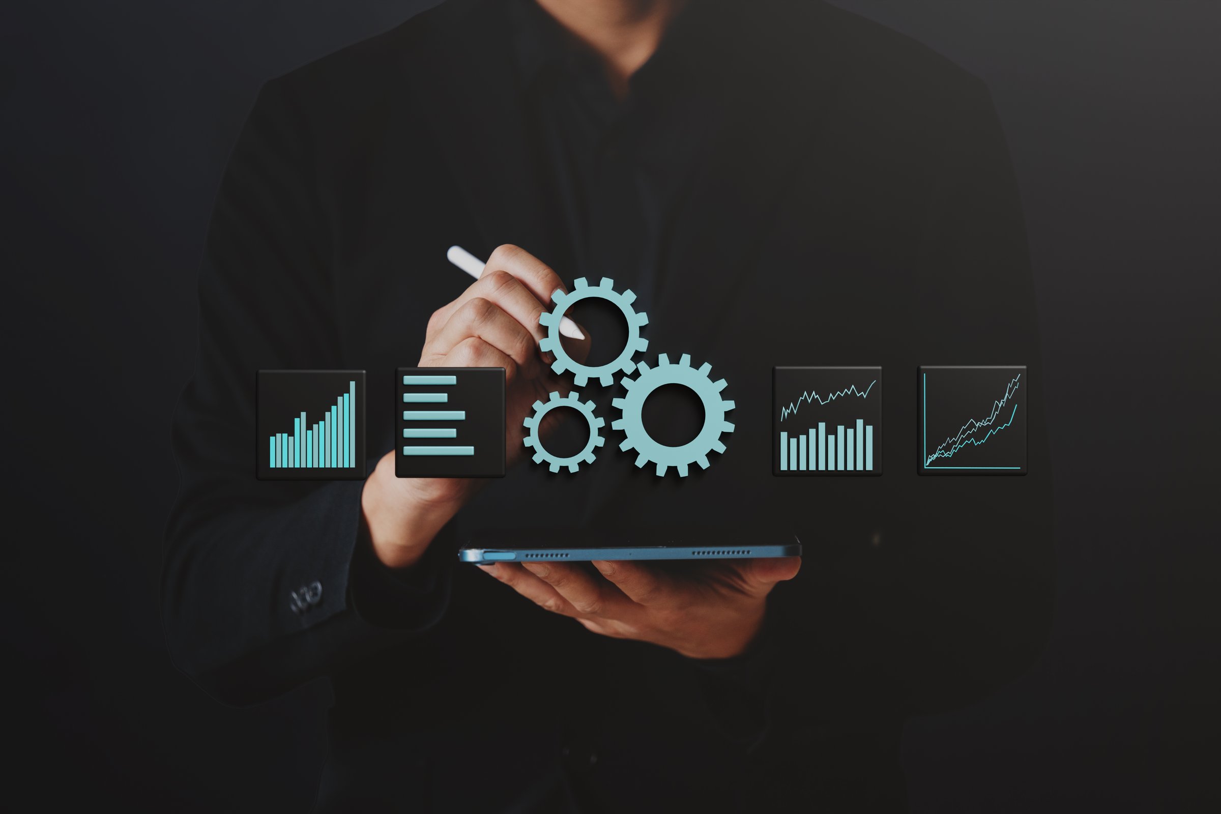 3D Illustration of business icons showing business growth with businessman in the background.