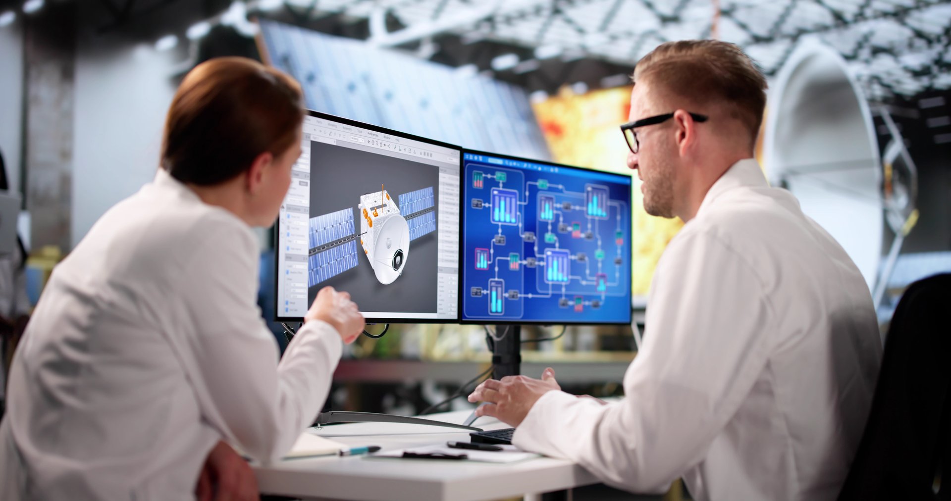 Engineers At Aerospace Agency Draft Satellite Design On Computer Monitor