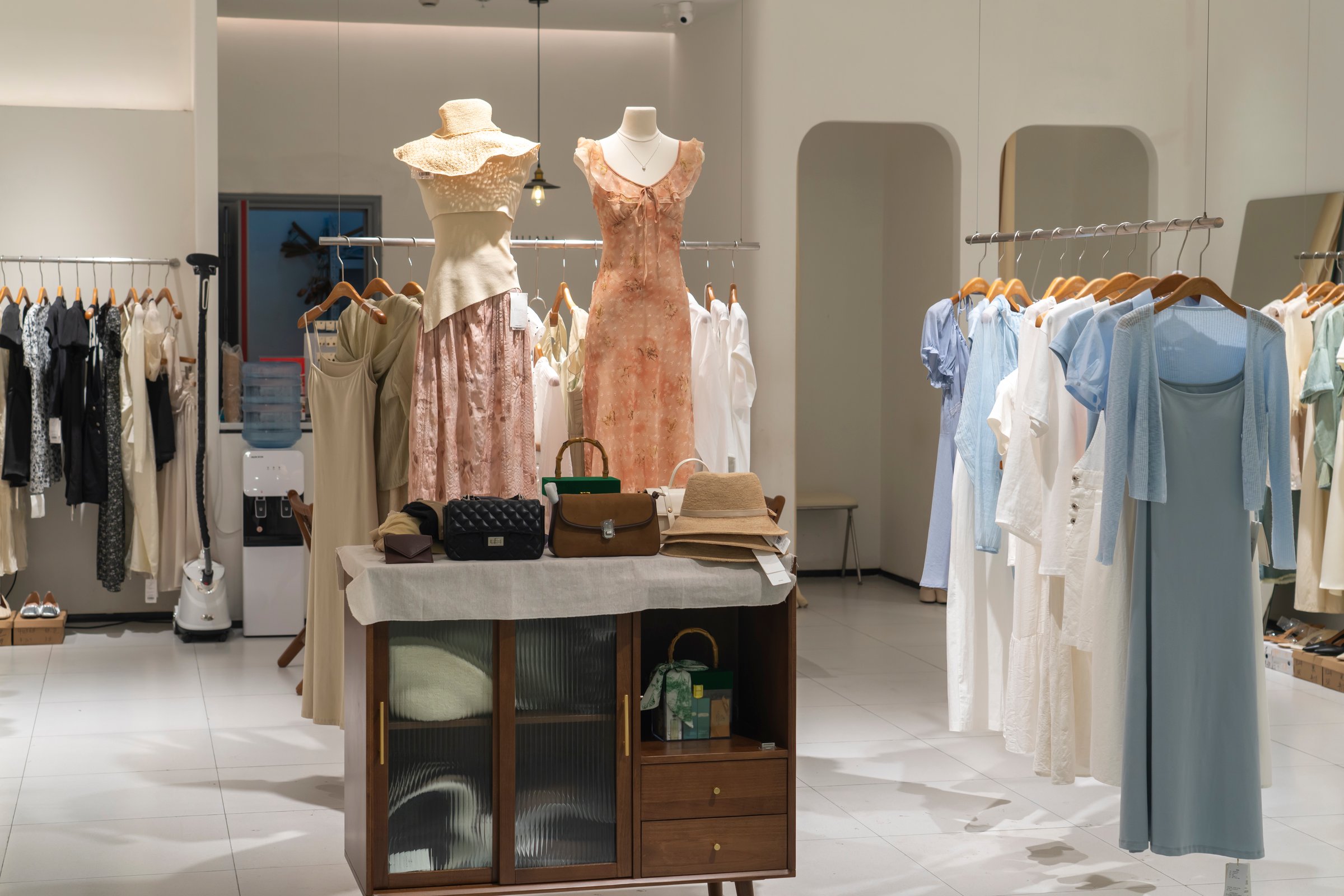 Fashion women's clothes in shopping mall windows