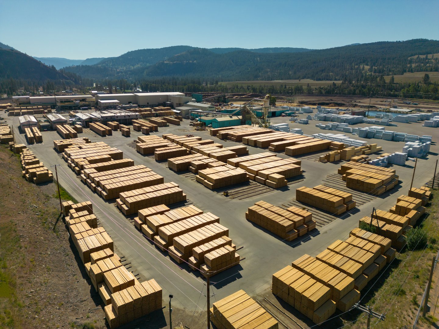 Aerial drone view of lumber mill
