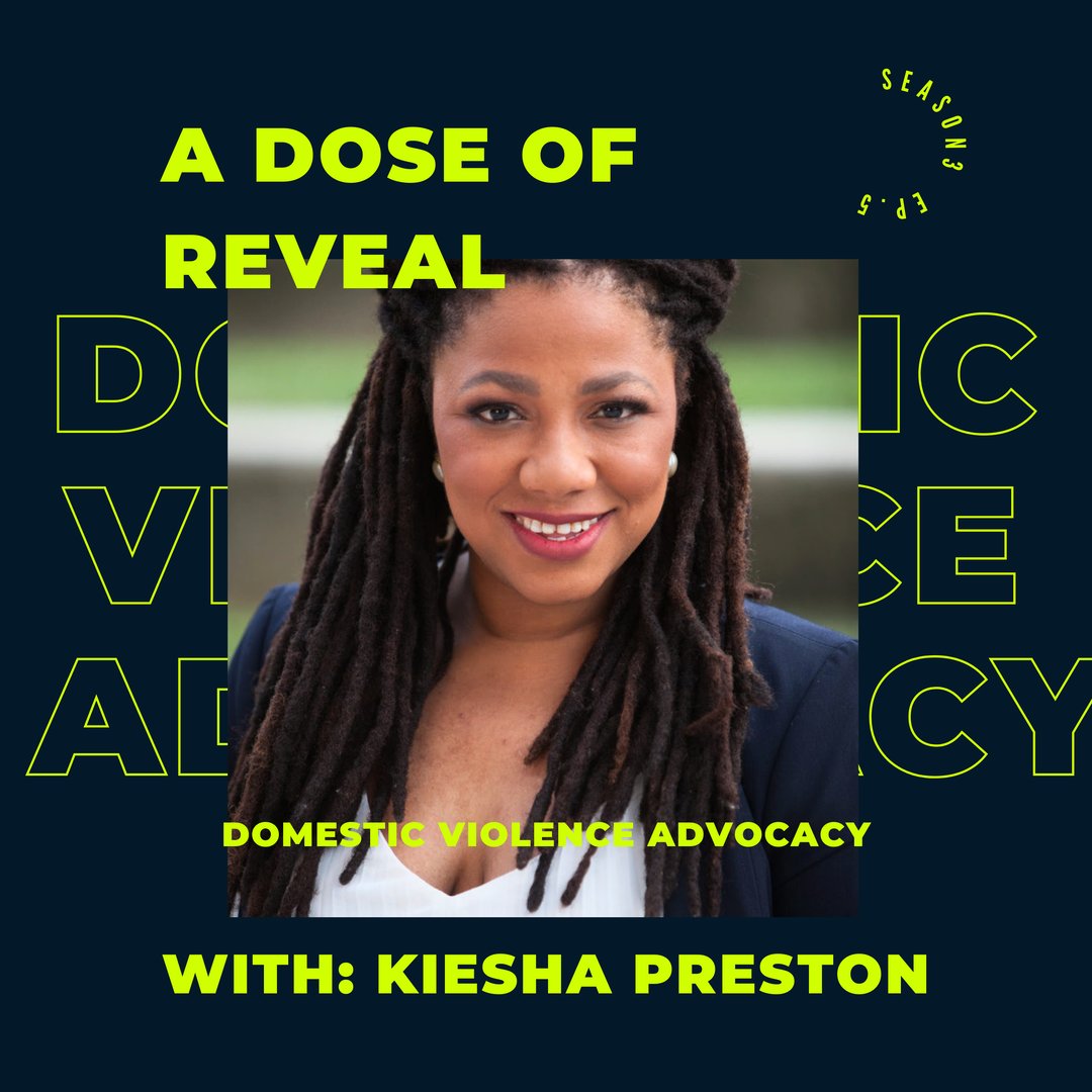 Podcast cover featuring Kiesha Preston on domestic violence advocacy, with bold text and a professional headshot.