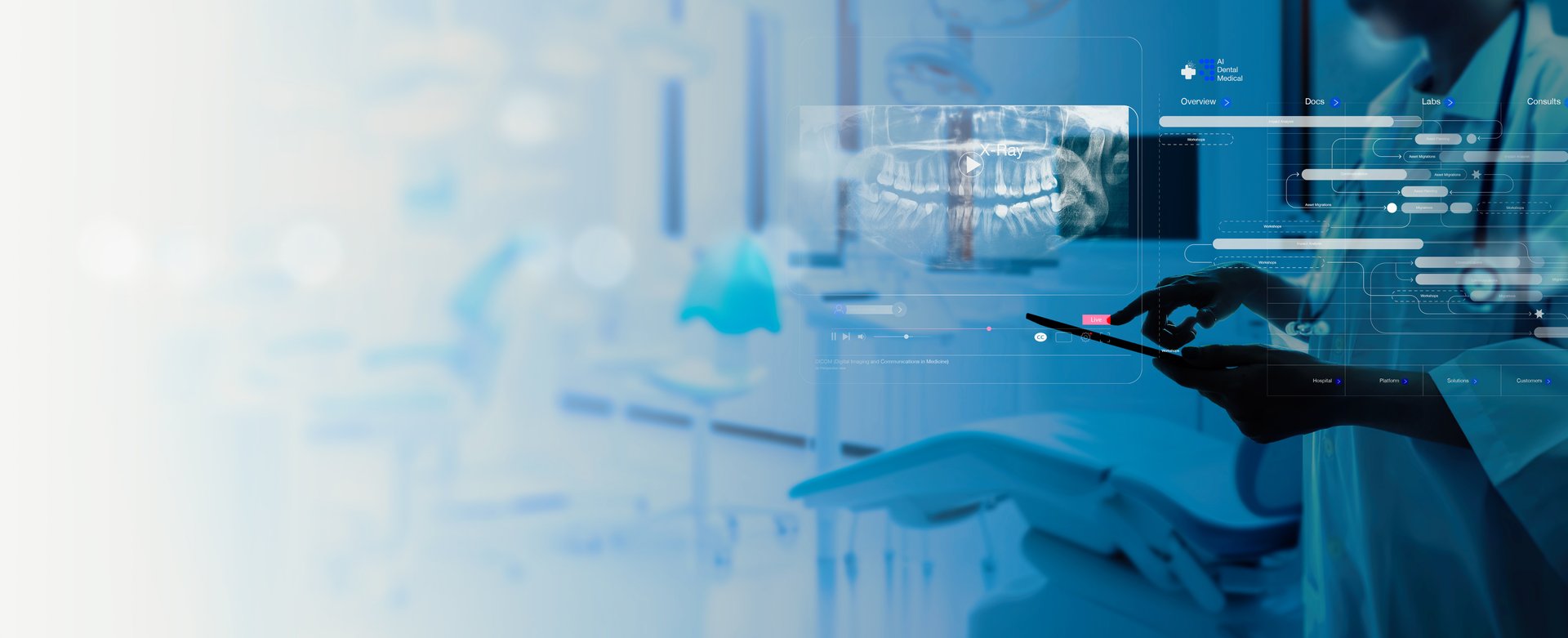 A dentist interacts with advanced AI-powered medical software while reviewing a dental X-ray image on a digital device.