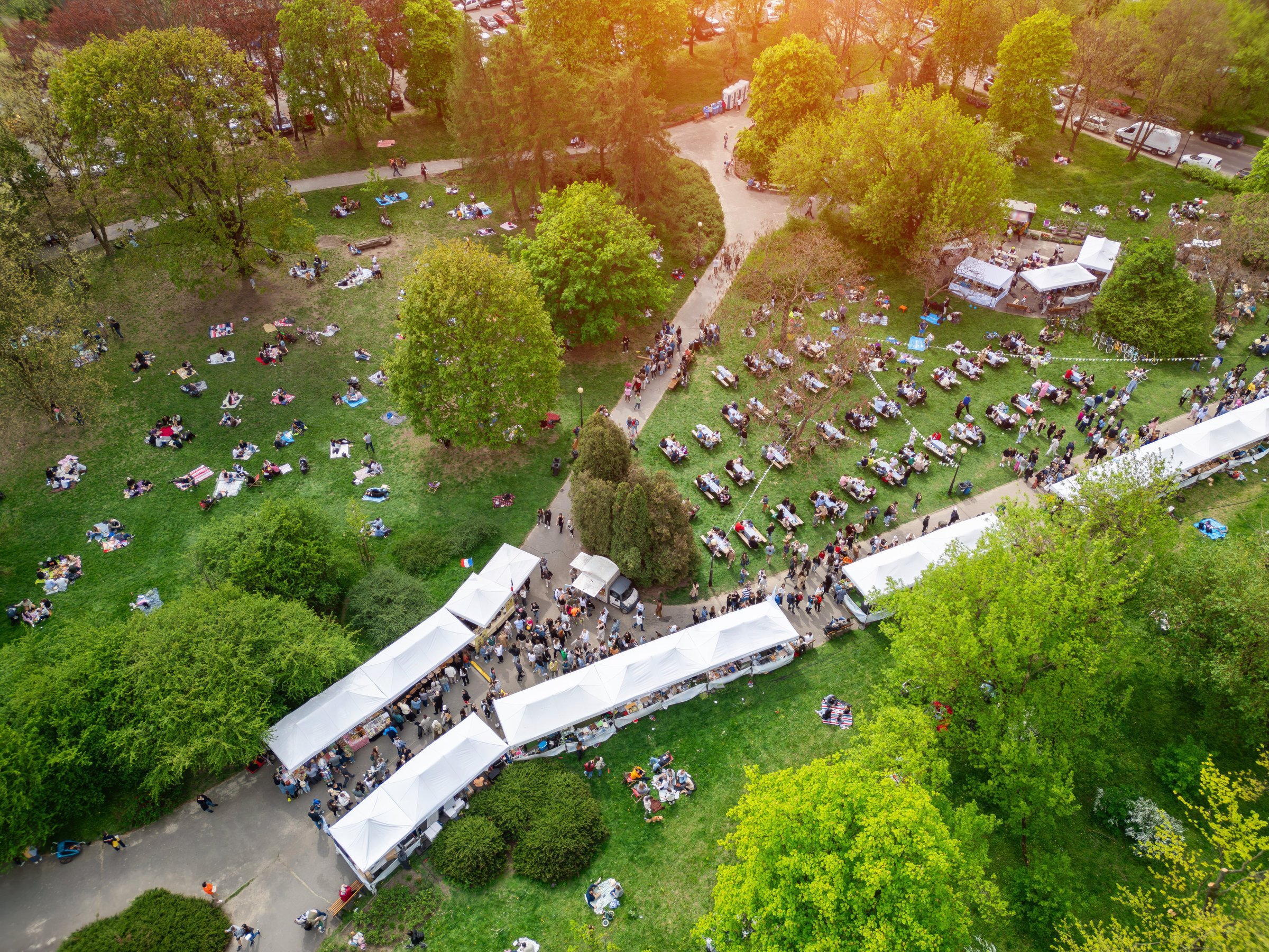 city street food festival event at green park at summer, tents of food market at green meadow, crowd walking and sitting at picnic, aerial view . High quality photo