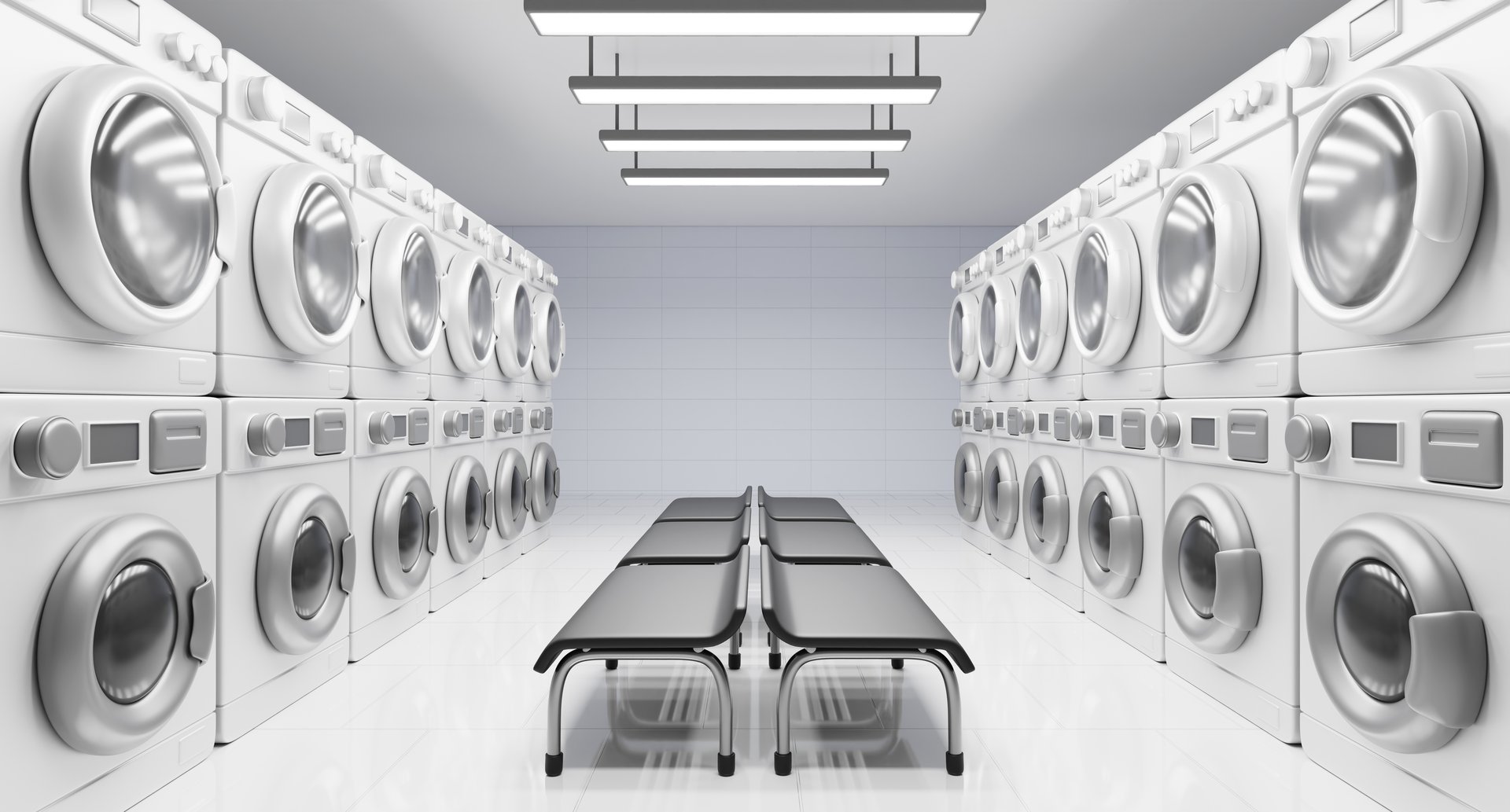 Public laundry room interior perspective. Render realistic laundromat with washing machine and dryer rows, chairs, lamps, tile wall and floor. Self service launderette, dry cleaning. 3D illustration