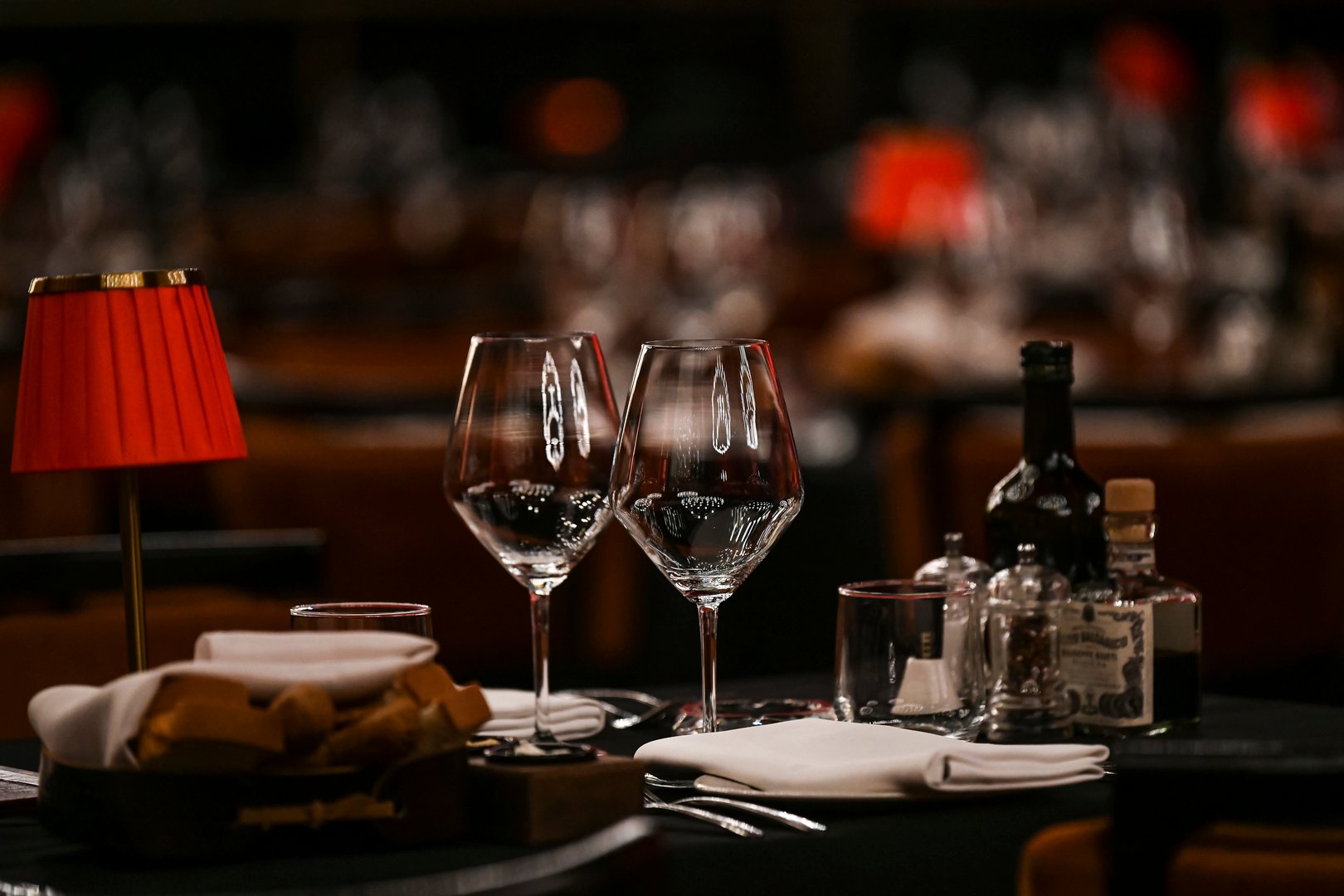 luxury elegant red table setting for dinner in a restaurant