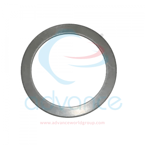 Silver metal washer on a transparent background with blue and red logo underneath.