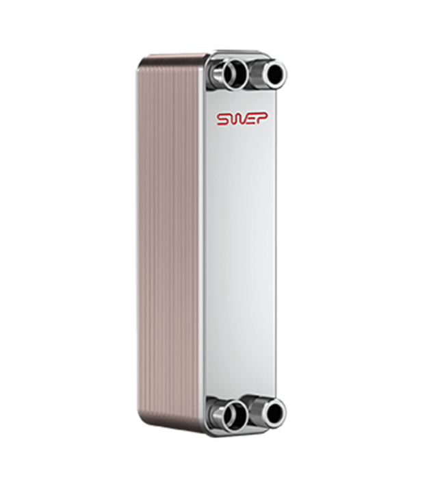 A compact, rectangular heat exchanger with SWEP logo, featuring four pipe connectors on its top and bottom edges.
