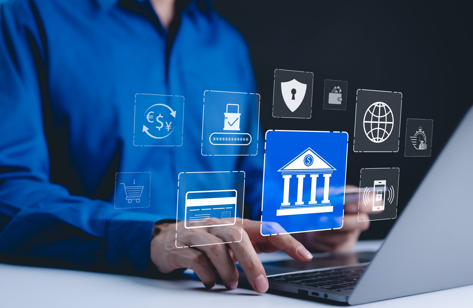 Digital banking and financial technology concept. icons financial and digital services, online banking, data security, currency exchange, and payments. growing trend of digital transformation in bank.