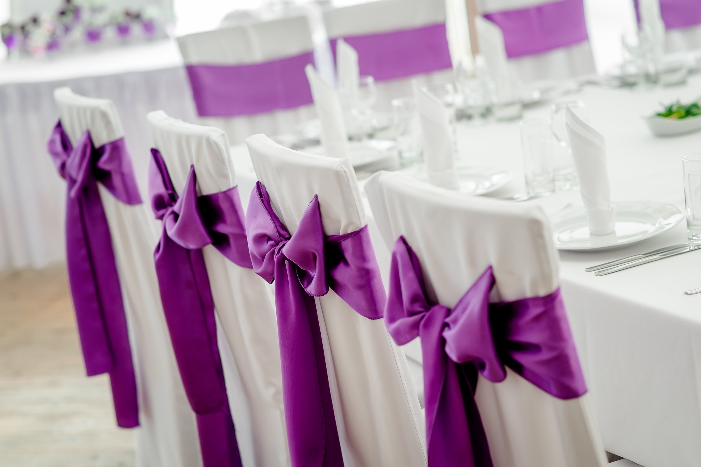 Close-up of white wedding chairs with purple ribbon