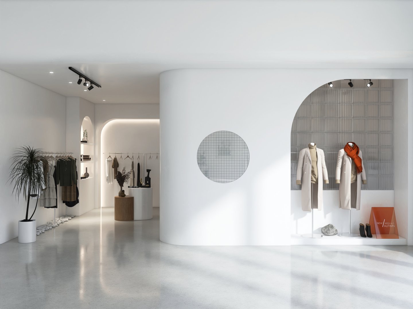 Window display of white modern and luxury fashion clothes shop in sunlight, shadow for store front interior design decoration and product background 3D
