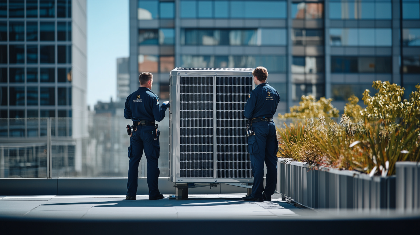 Two technicians install a solar panel on a rooftop, surrounded by modern buildings and greenery.