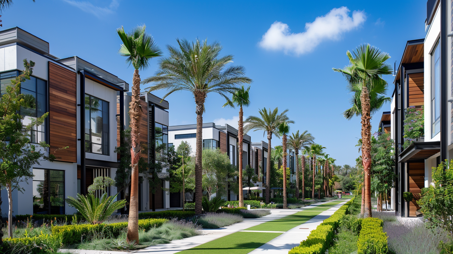 Modern three story townhomes with palm trees in the Playa Vista neighborhood of Los Angeles