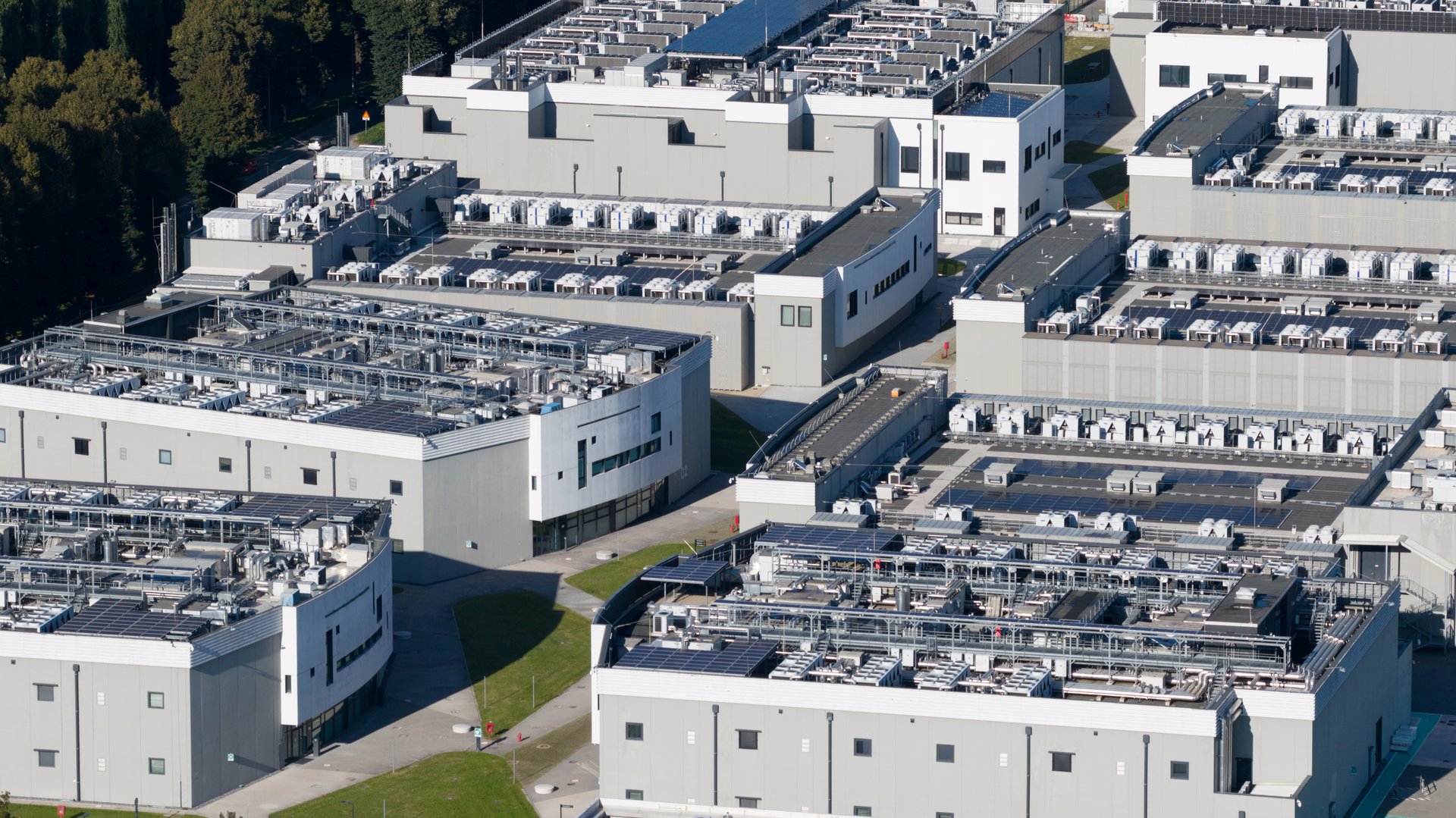 Milan data center 04, colocation and hosting. IT and data infrastructure. Aerial drone photo of the campus.