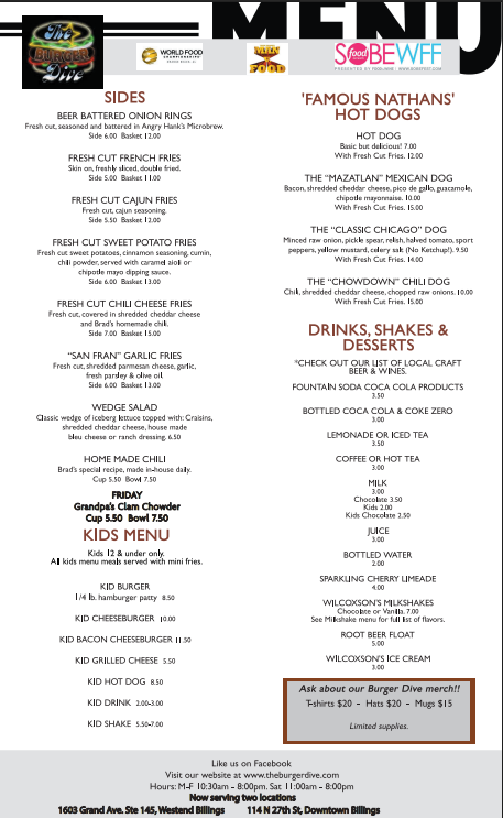 Burger Dive Menu - Back Page