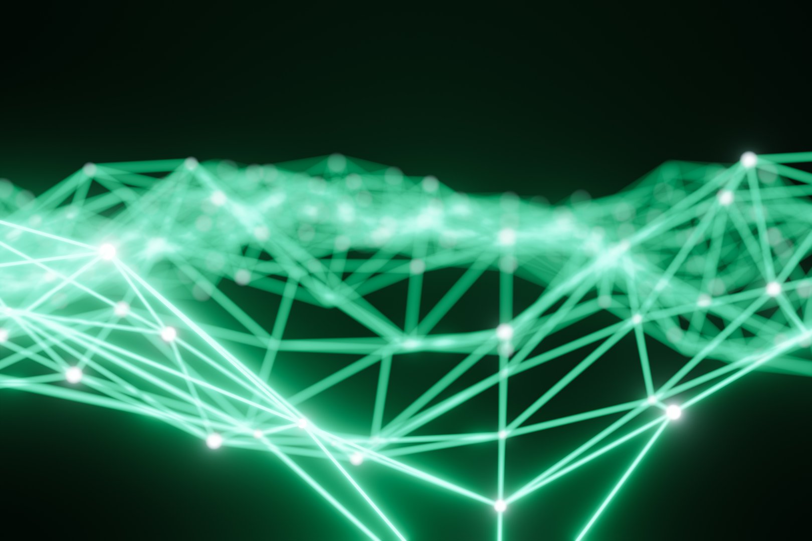 3D Abstract green network connection lines and nodes on dark background. Big data visualization. Technology background.