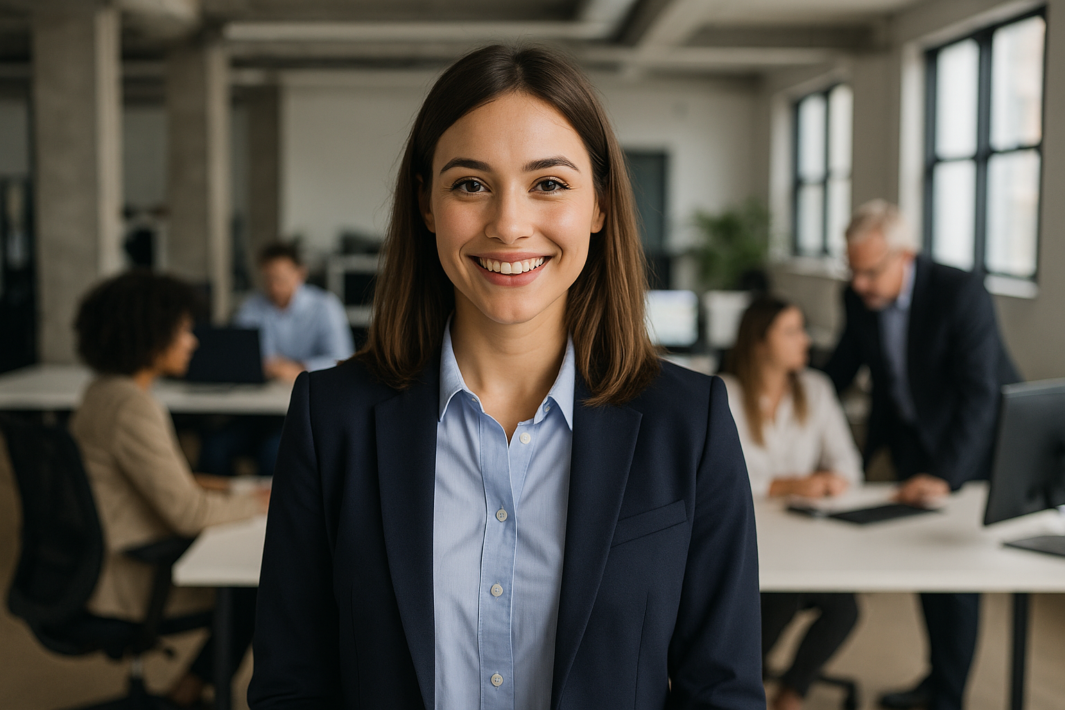 Smiling woman in business attire standing in an office, with colleagues working in the background.