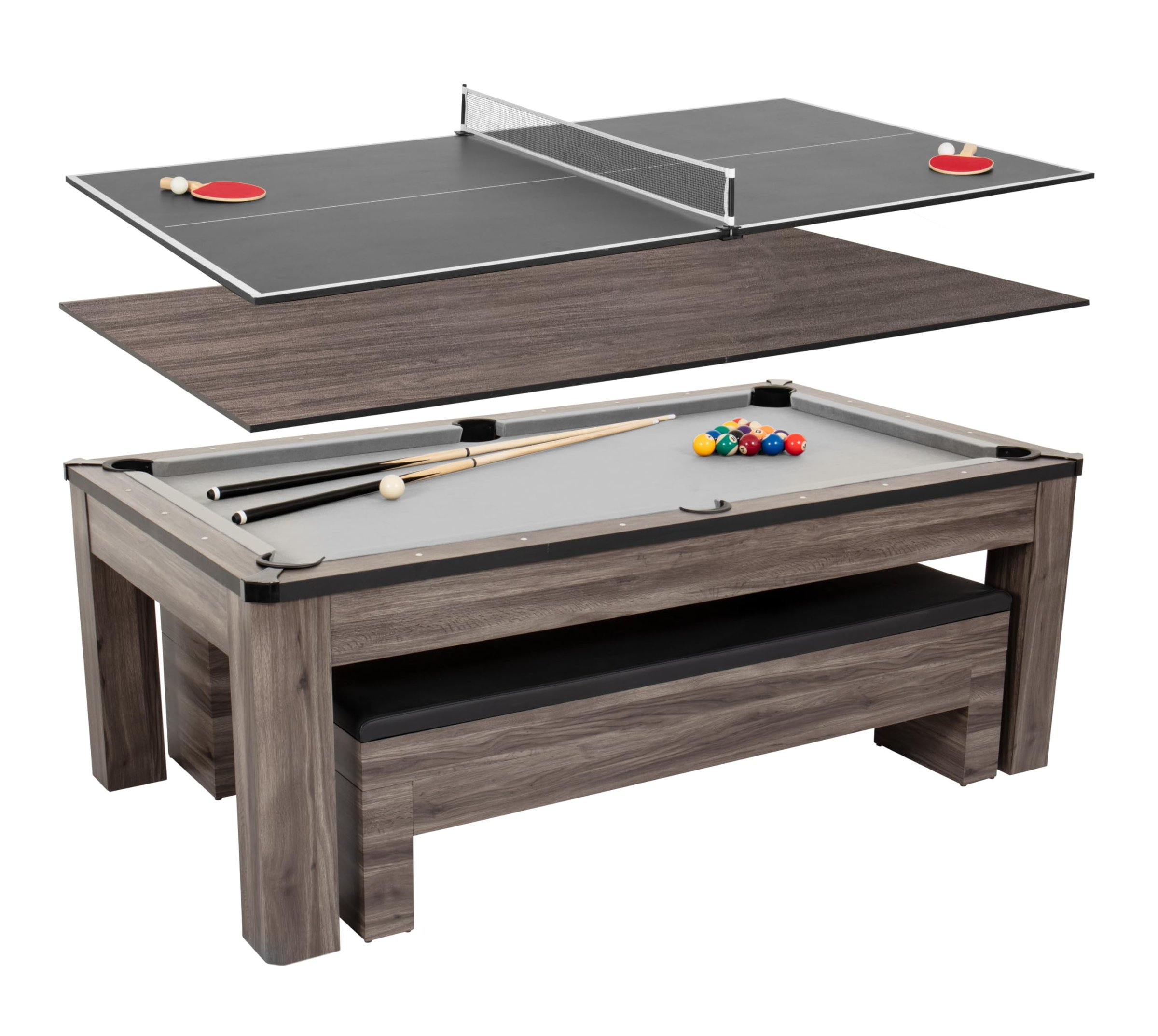 Convertible game table with a billiards setup and a removable tabletop for table tennis, including paddles and balls.