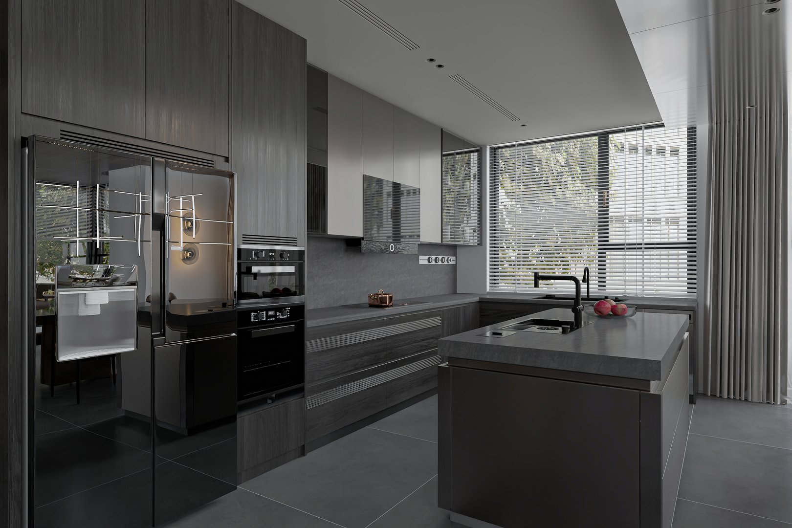 Modern dark kitchen interior with dark gray island, fridge, and oven.