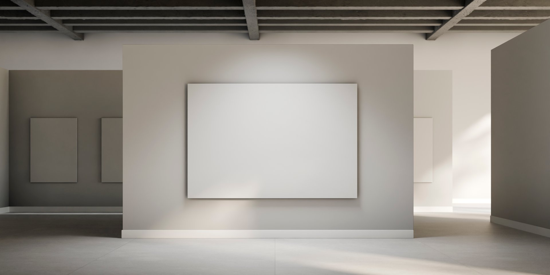 Empty gallery exhibition interior. Blank picture on white room wall background. Mockup template design. 3d render.