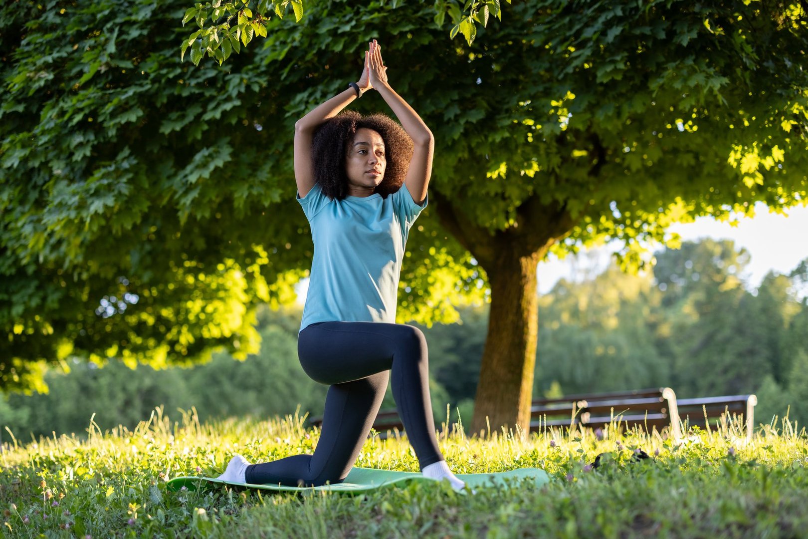 African American woman practicing yoga outdoors on a sunny day. She is performing yoga pose under a tree in serene natural surroundings, promoting wellness and mindfulness.