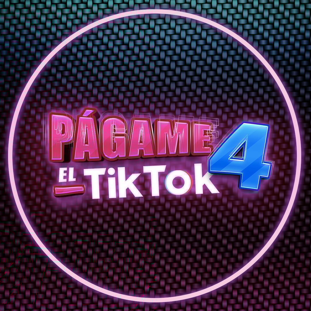 Logo for "Págame el TikTok 4" with vibrant colors, featuring neon pink and blue text within a circular frame.