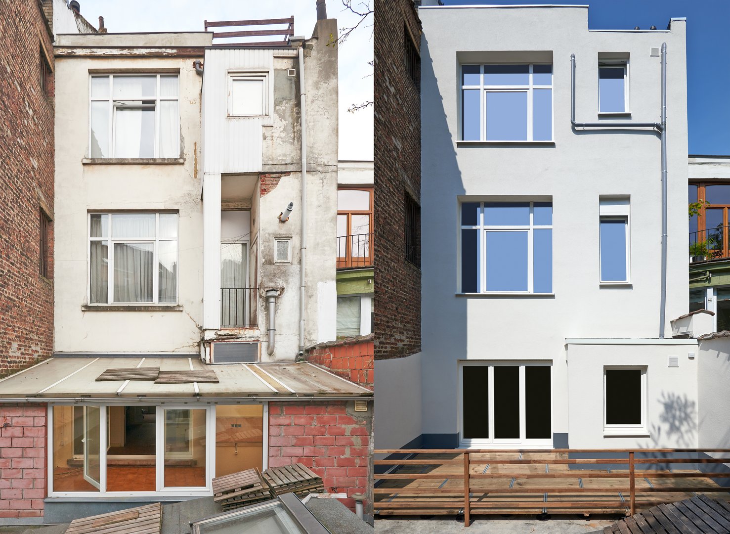 Construction of a new facade in courtyard  from old house before and after