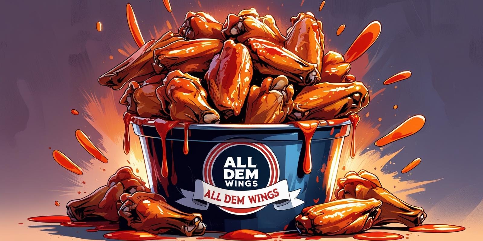 Overflowing bucket of chicken wings with sauce, labeled All Dem Wings.