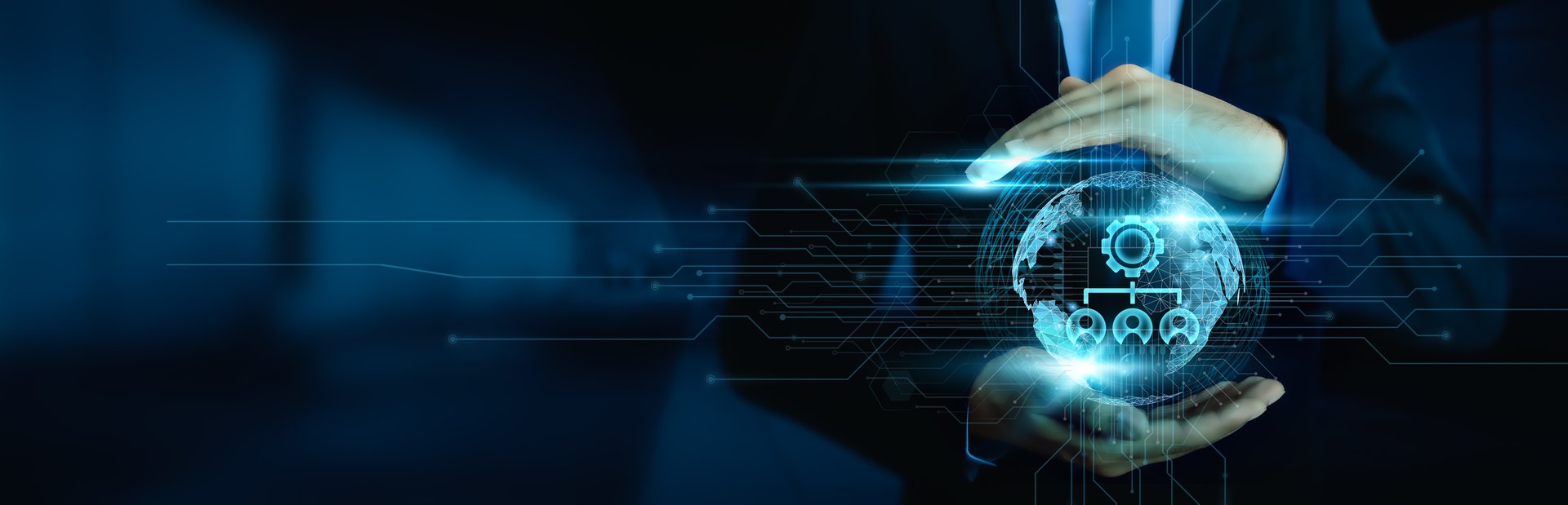 Enterprise Resource Planning (ERP), advanced technology, Businessman utilizing ERP technology on a global network, efficiency and productivity, streamlining processes and optimizing operations.