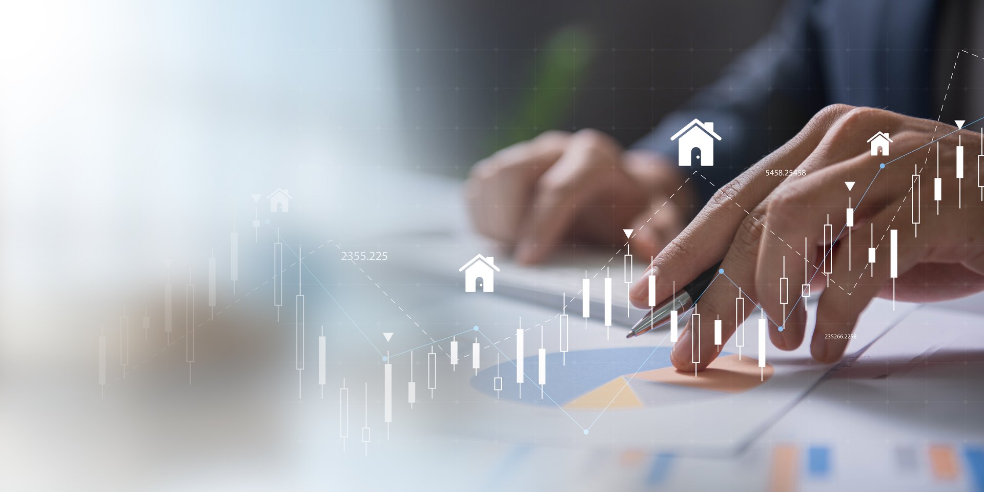 Analyzing Real Estate Market Trends concept. Business professional analyzing real estate data with digital graphs and house icons, indicating market trends, investment, and property growth.
