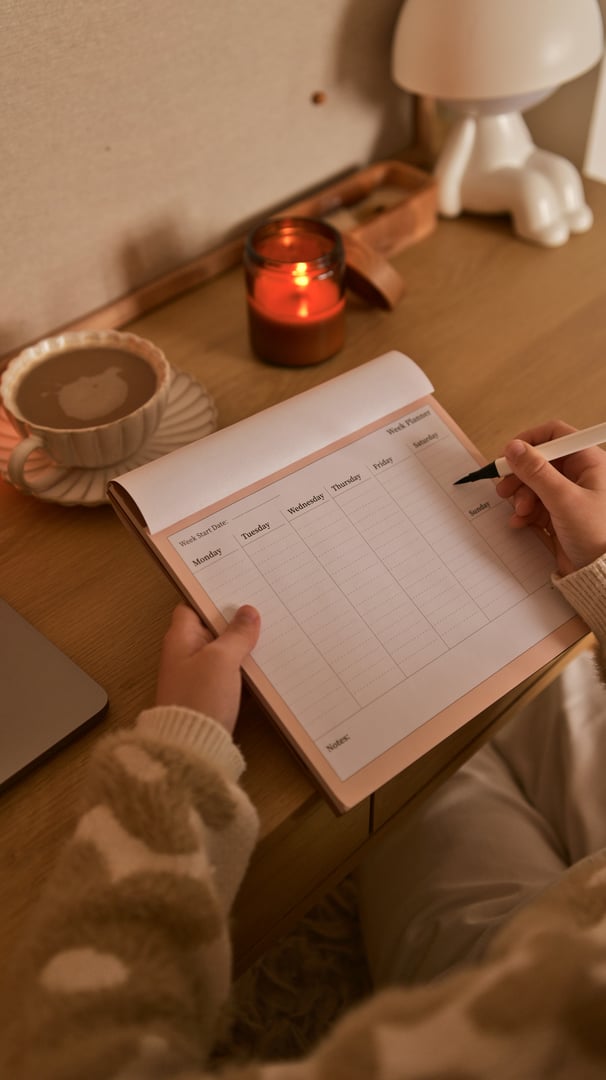 A person's hands writing in a weekly planner next to a cup of coffee and a burning candle, creating a peaceful atmosphere for organization