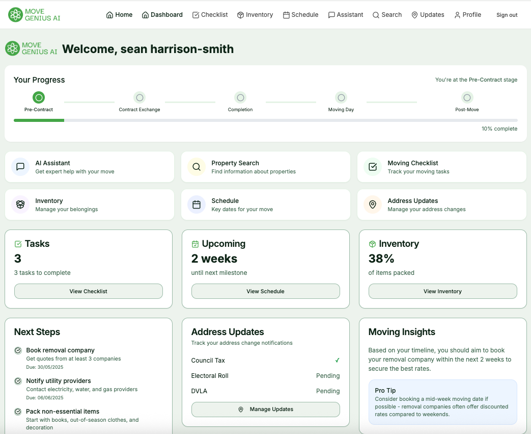 Dashboard of Move Genius AI showing user progress, tasks, and updates for moving home, with sections for AI Assistant and inventory.