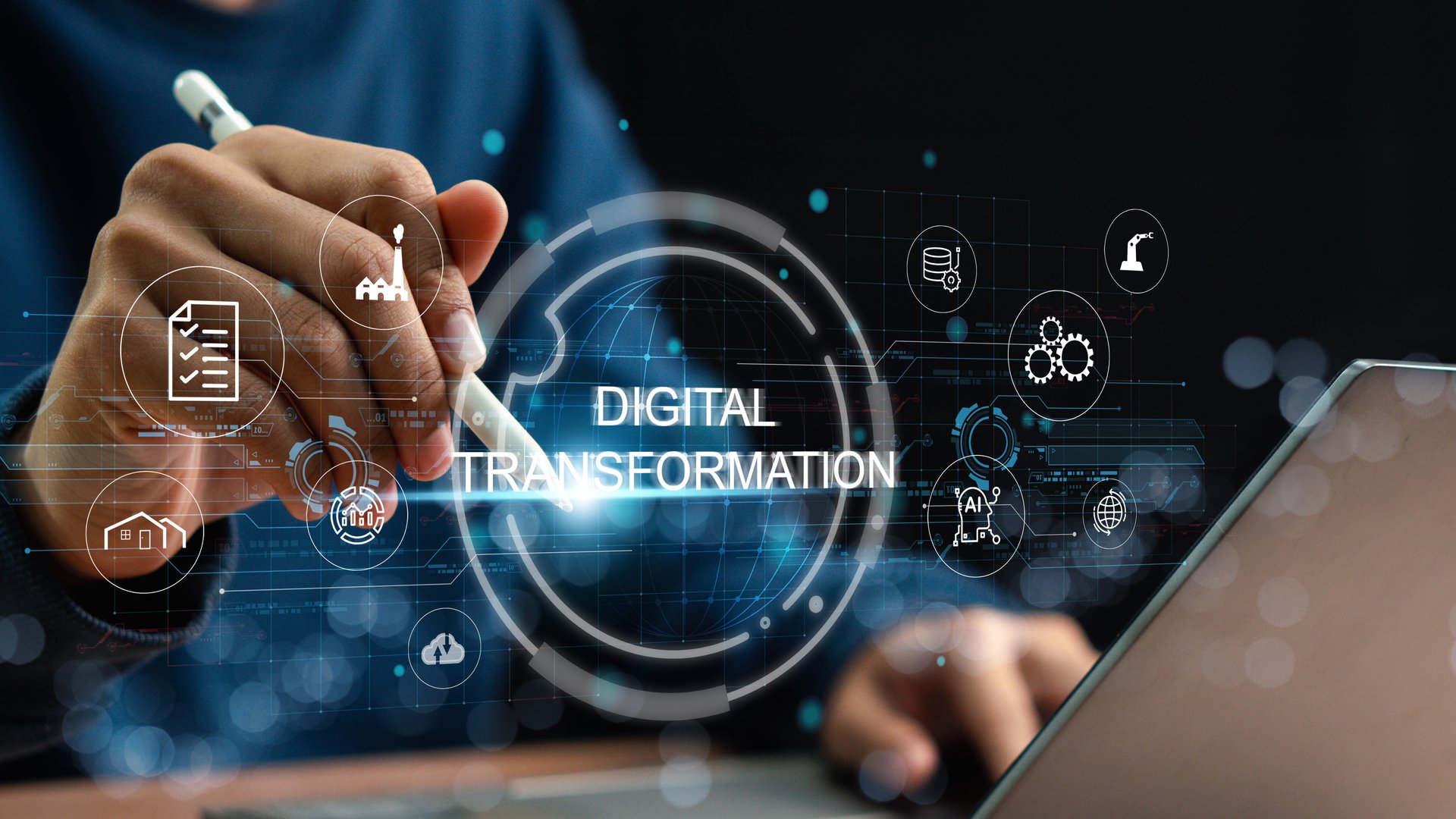 Digital Transformation and Digitalization Technology concept on Abstract Background. IoT, Artificial Intelligence, adoption of technology, enhancing global business capabilities