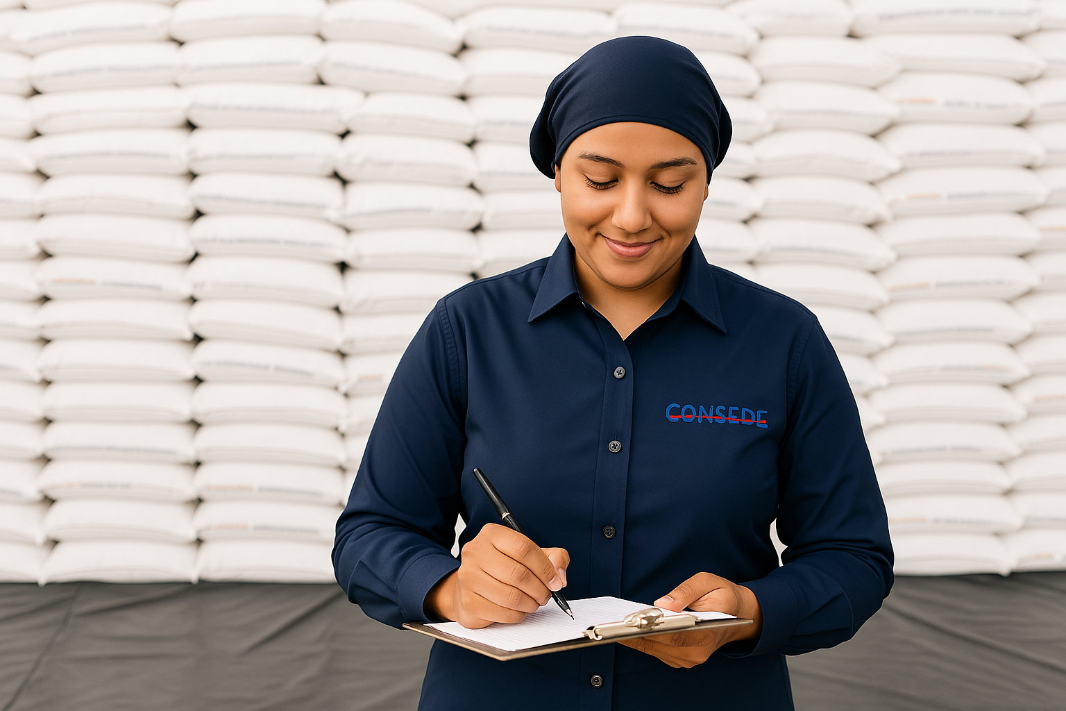 Woman in a blue uniform writing on a clipboard, standing in front of stacked white bags.