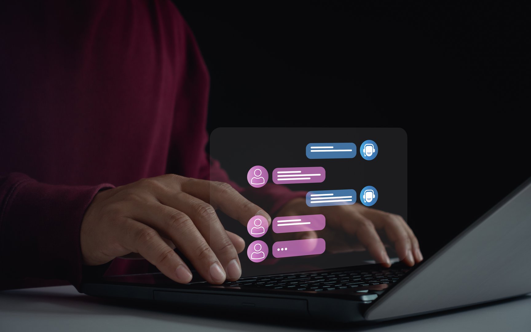Person use online customer service live chatting to get support with chat bot conversation assistant automatic answering machine. Artificial intelligence, CRM software, AI agent automation technology.