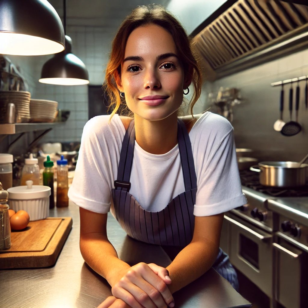 A woman wearing an apron stands in a professional kitchen, leaning on a metal counter with various cooking tools around.