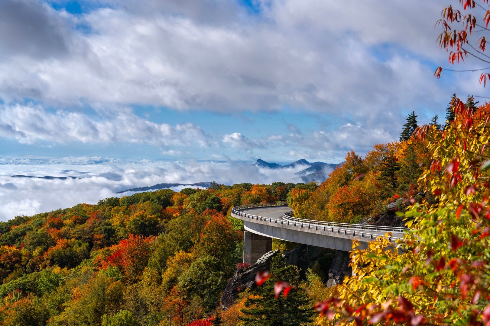 Linn Cove Viaduct on Blue Ridge Parkway in autumn foliage forest . Close to Asheville ,  Blue Ridge Parkway, North Carolina, USA.