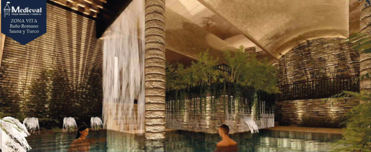 Interior of a luxurious spa with a Roman-style bath, stone pillars, and people relaxing in the water.