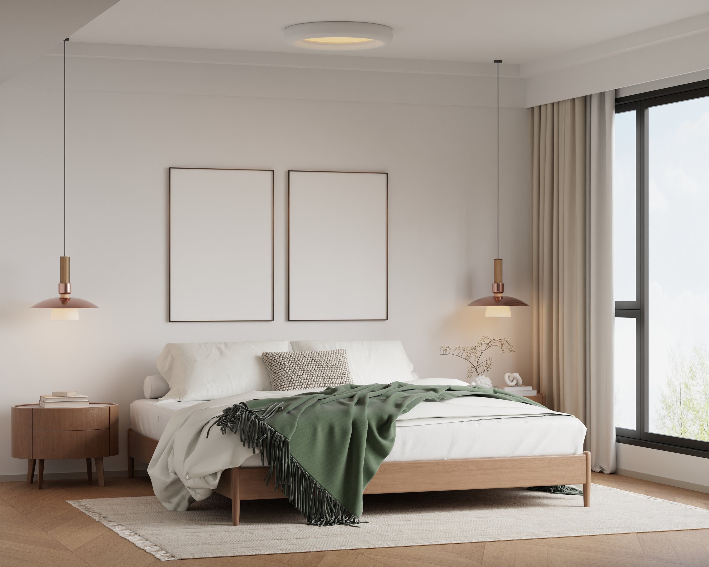 3D rendered Scandinavian bedroom featuring a minimalist design with natural light and two blank poster frames above the bed. Perfect for showcasing artwork, photography, or graphic designs in a calm and neutral interior setting.