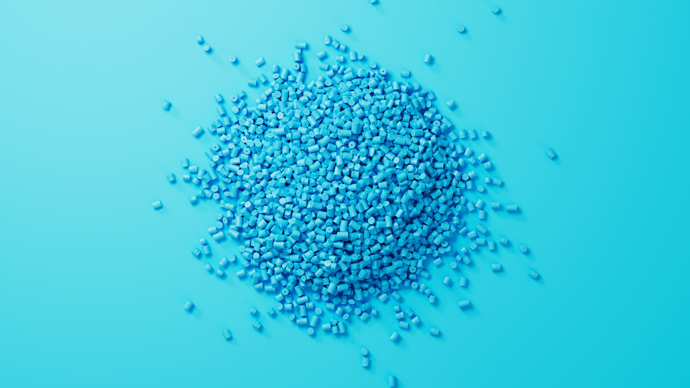 Closeup top view on cyan plastic polypropylene granules heap centered on turquoise backdrop, masterbatch polymer grain pile. HDPE or PVC resin pellets. 3d render illustration.