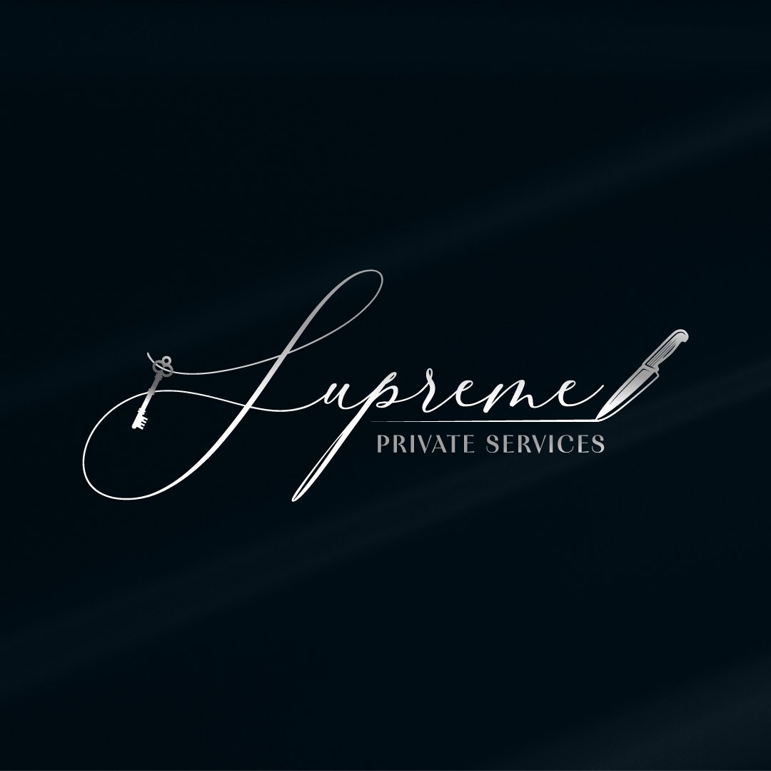 Elegant logo with cursive "Supreme Private Services" text, featuring sword and pen elements on a dark background.