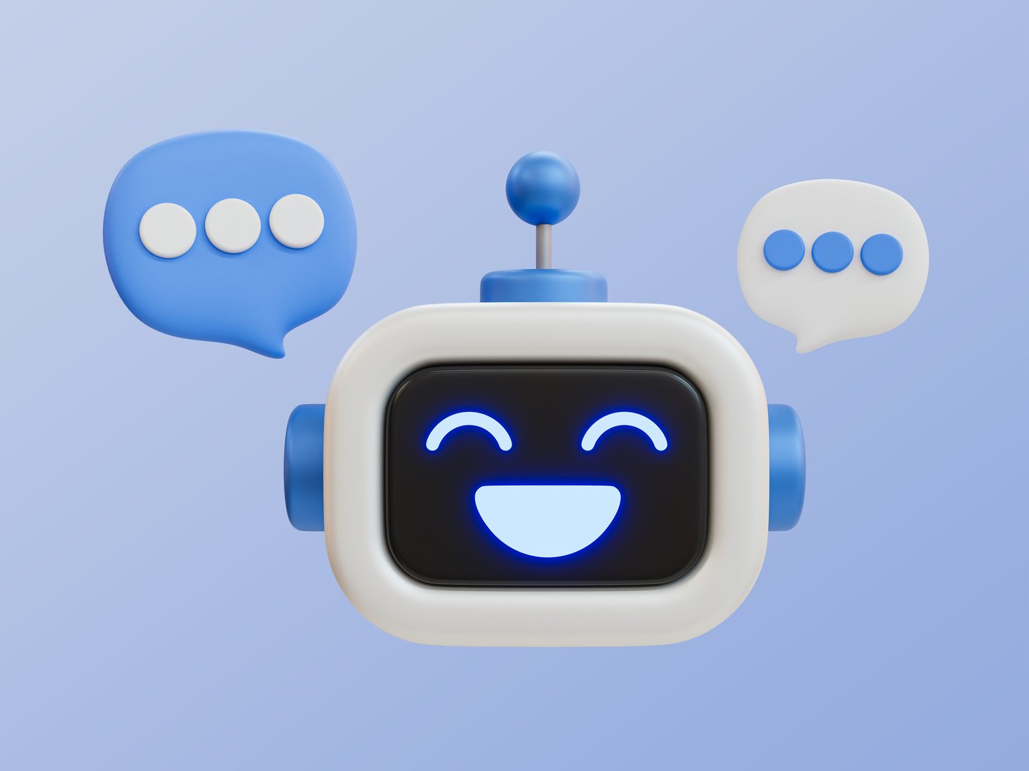 3D illustration of a cheerful robot with chat bubbles, representing AI, customer service, and communication.
