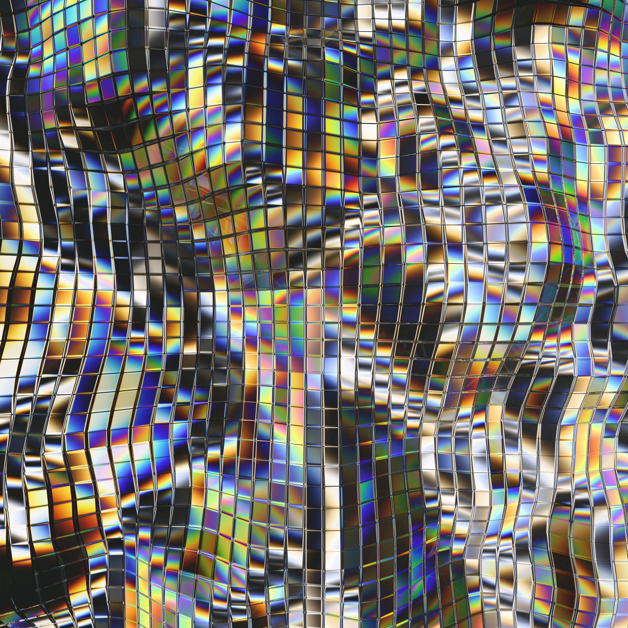 A visually engaging abstract square-shaped pattern with iridescent hues and reflective textures, creating a dynamic and colorful design.