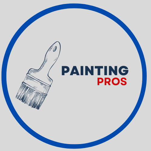 Logo with a blue circle, a sketched paintbrush, and the text Painting Pros in blue and red on a gray background.